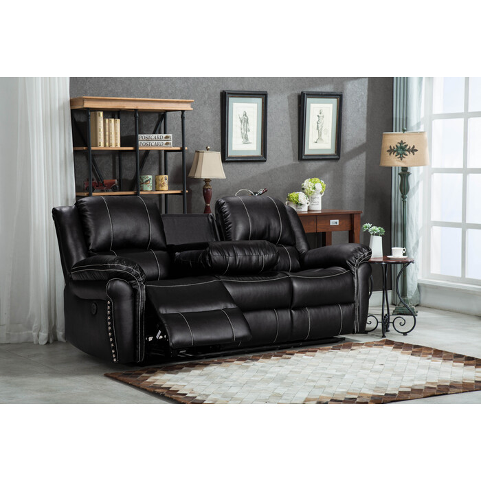 8014-SOFA BLACK Air Leather Power USB Recliners Sofa w/ Stitching Design