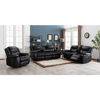 8004-3PC 3PC BLACK Breathable Leatherette Power Recliner w/ USB Sofa Set