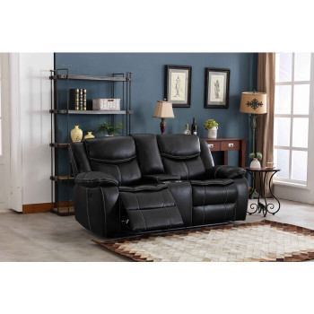 8004-LOVE BLACK Breathable Leatherette Power Recliner w/ USB Loveseat