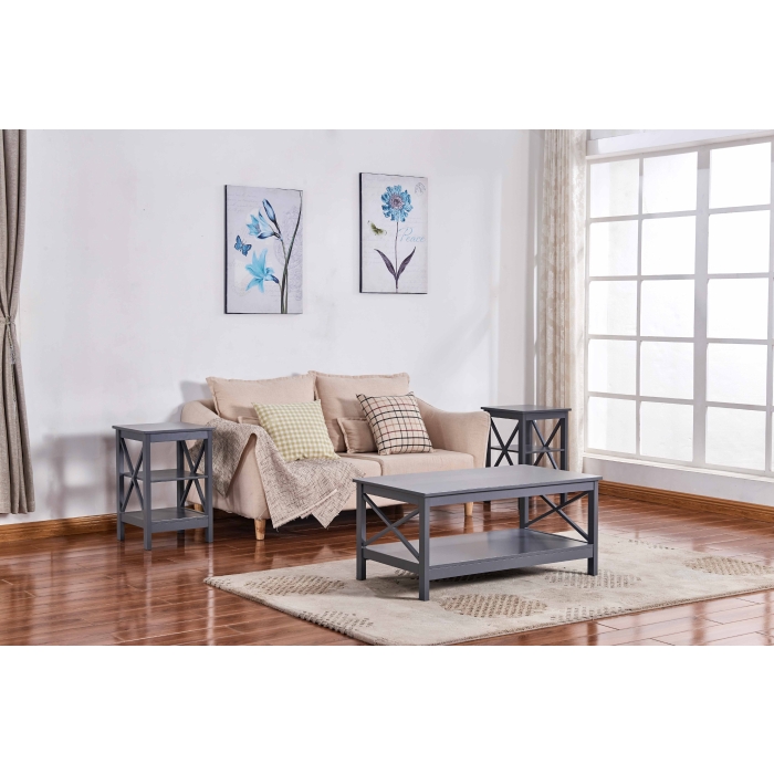 6603-6606-3PC GRAY X-Side Panels Coffee Table & End Table Set