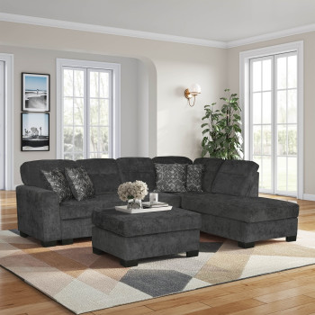 8255 DARK GRAY Fabric RHF Stationary Sectional Sofa & Ottoman w/ Throw Pillows