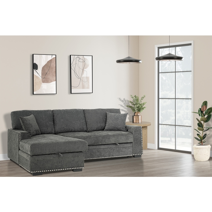 8251 DARK GRAY LHF Chaise Storage Pull Out Bed Sectional Sofa w/ USB