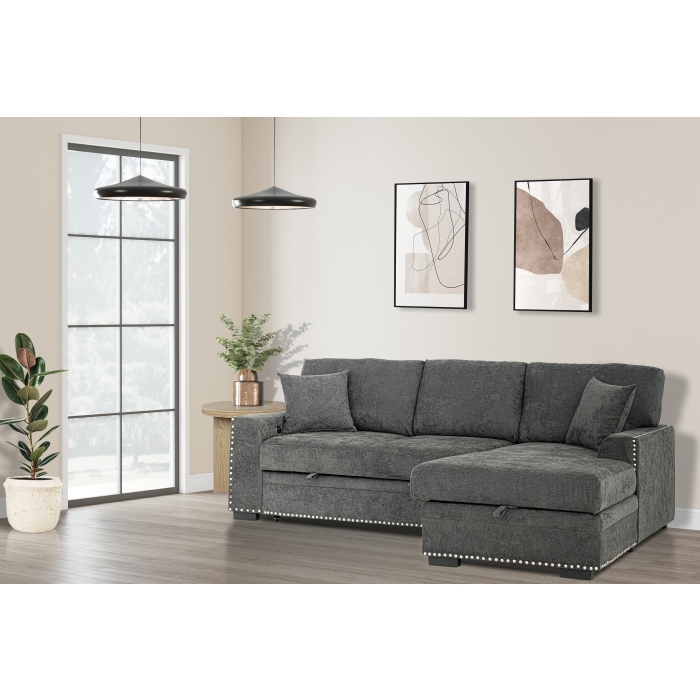 8250 DARK GRAY RHF Chaise Storage Pull Out Bed Sectional Sofa w/ USB