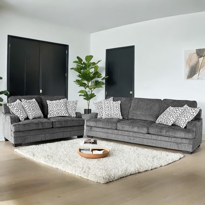 8232-2PC 2PC DARK GRAY Fabric Stationary Sofa Set w/ 8 Pillows