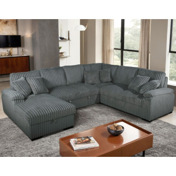 8235 GRAY LHF Fabric U-Shaped Pull Out Sectional Sofa w/ Storage Chaise + Pillows
