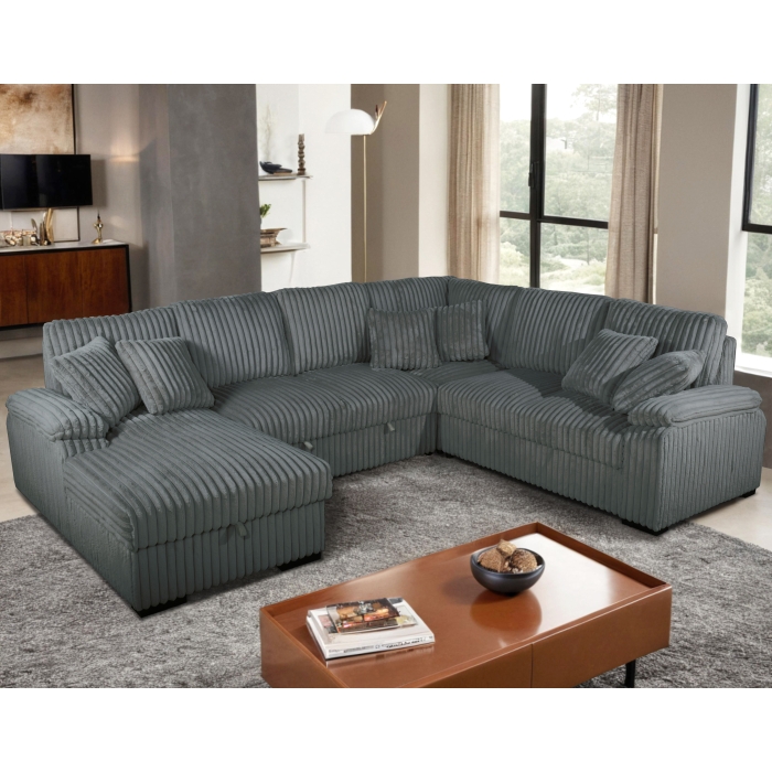 8235 GRAY LHF Fabric U-Shaped Pull Out Sectional Sofa w/ Storage Chaise + Pillows