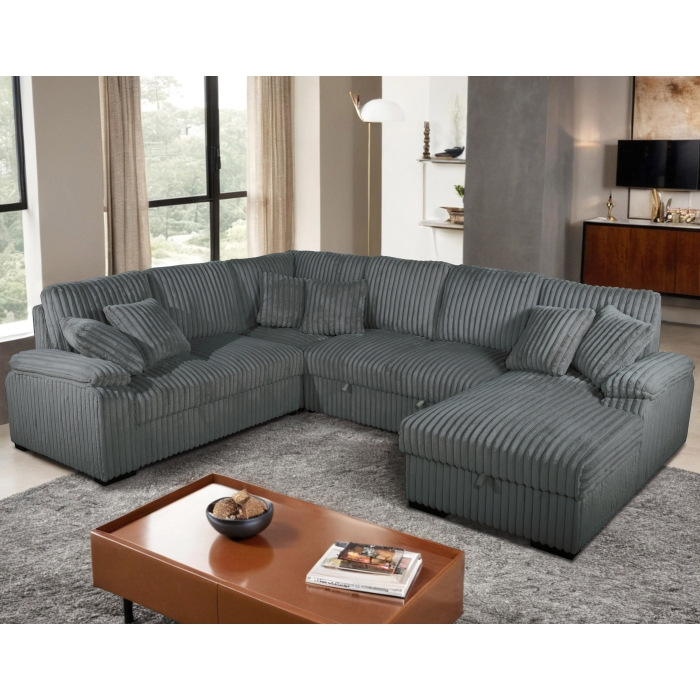 8222 GRAY RHF Fabric U-Shaped Pull Out Sectional Sofa w/ Storage Chaise + Pillows