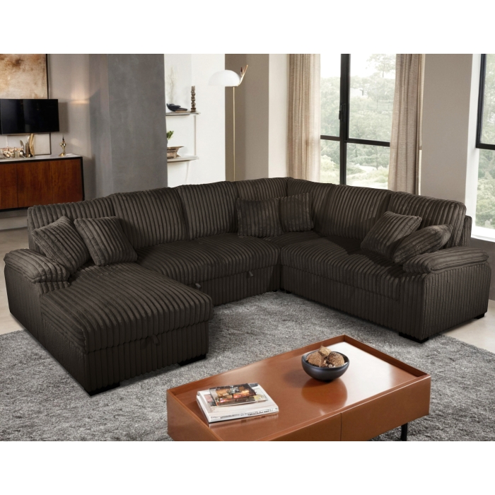 8237 CHOCOLATE LHF Fabric U-Shaped Pull Out Sectional Sofa w/ Storage Chaise + Pillows