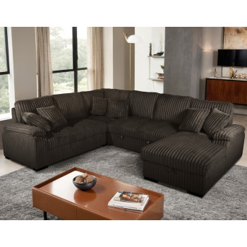 8225 CHOCOLATE RHF Fabric U-Shaped Pull Out Sectional Sofa w/ Storage Chaise + Pillows