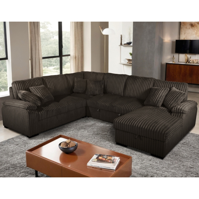 8225 CHOCOLATE RHF Fabric U-Shaped Pull Out Sectional Sofa w/ Storage Chaise + Pillows