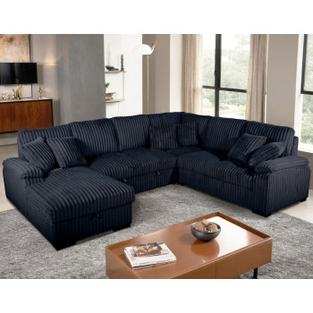 8236 BLACK LHF Fabric U-Shaped Pull Out Sectional Sofa w/ Storage Chaise + Pillows