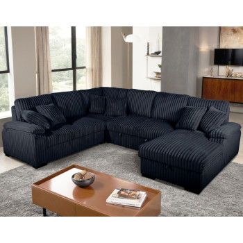 8223 BLACK RHF Fabric U-Shaped Pull Out Sectional Sofa w/ Storage Chaise + Pillows