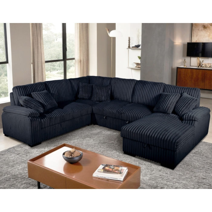 8223 BLACK RHF Fabric U-Shaped Pull Out Sectional Sofa w/ Storage Chaise + Pillows