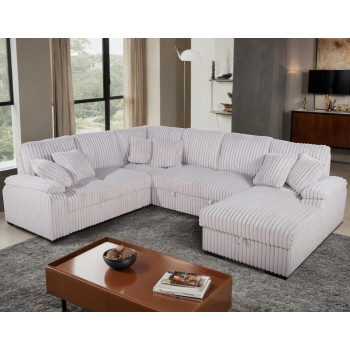 8226 BEIGE RHF Fabric U-Shaped Pull Out Sectional Sofa w/ Storage Chaise + Pillows