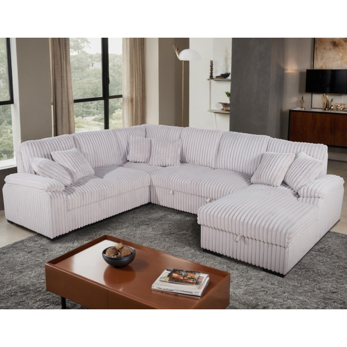8226 BEIGE RHF Fabric U-Shaped Pull Out Sectional Sofa w/ Storage Chaise + Pillows