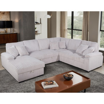 8238 BEIGE LHF Fabric U-Shaped Pull Out Sectional Sofa w/ Storage Chaise + Pillows