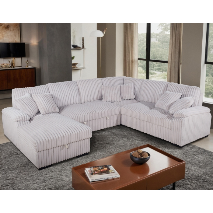 8238 BEIGE LHF Fabric U-Shaped Pull Out Sectional Sofa w/ Storage Chaise + Pillows