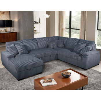 8234 DARK GRAY LHF Fabric U-Shaped Pull Out Sectional Sofa w/ Storage Chaise + Pillows