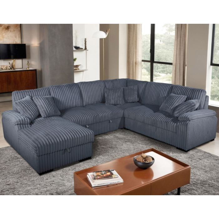 8234 DARK GRAY LHF Fabric U-Shaped Pull Out Sectional Sofa w/ Storage Chaise + Pillows