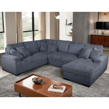 8221 DARK GRAY RHF Fabric U-Shaped Pull Out Sectional Sofa w/ Storage Chaise + Pillows