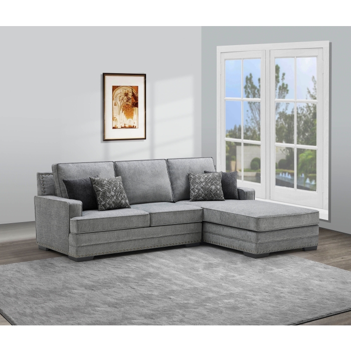 8217 LIGHT GRAY RHF Fabric Stationary Sectional Sofa w/ Chaise + Pillows