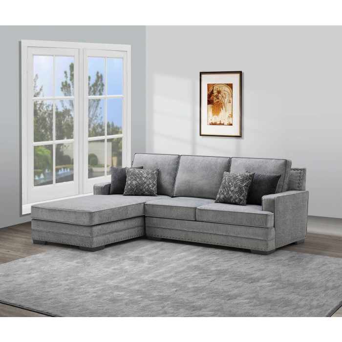 8220 LIGHT GRAY LHF Fabric Stationary Sectional Sofa w/ Chaise + Pillows