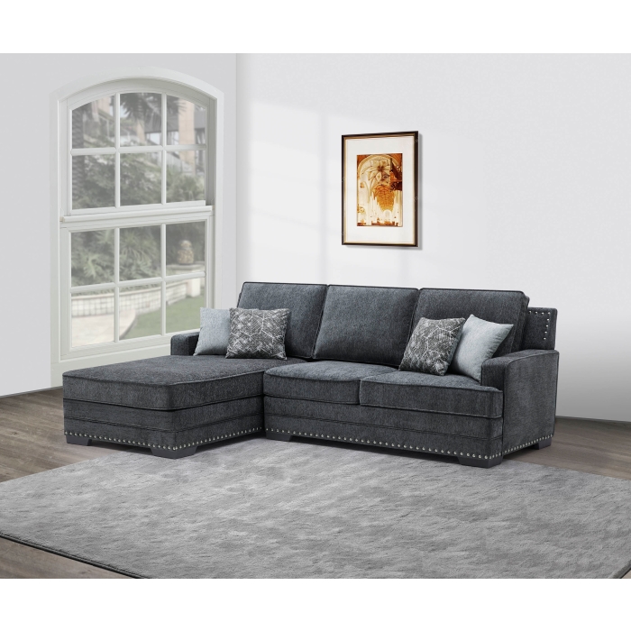 8218 DARK GRAY LHF Fabric Stationary Sectional Sofa w/ Chaise + Pillows