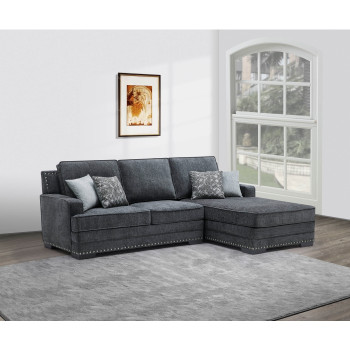 8215 DARK GRAY RHF Fabric Stationary Sectional Sofa w/ Chaise + Pillows