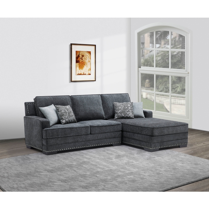 8215 DARK GRAY RHF Fabric Stationary Sectional Sofa w/ Chaise + Pillows