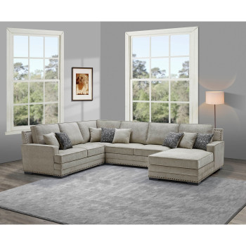 8211 TAUPE RHF Fabric U-Shaped Stationary Sectional Sofa w/ Chaise + Pillows