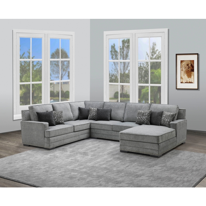 8212 LIGHT GRAY RHF Fabric U-Shaped Stationary Sectional Sofa w/ Chaise + Pillows