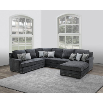 8210 DARK GRAY RHF Fabric U-Shaped Stationary Sectional Sofa w/ Chaise + Pillows
