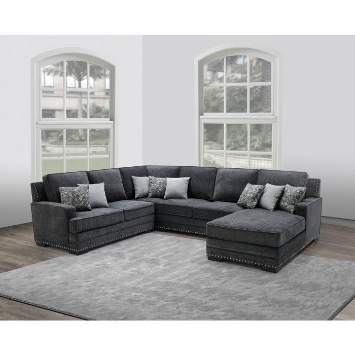 8210 DARK GRAY RHF Fabric U-Shaped Stationary Sectional Sofa w/ Chaise + Pillows