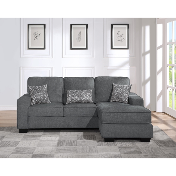 8205 DARK GRAY Reversible Fabric Comfort Cushioned Square Arm Sectional Sofa