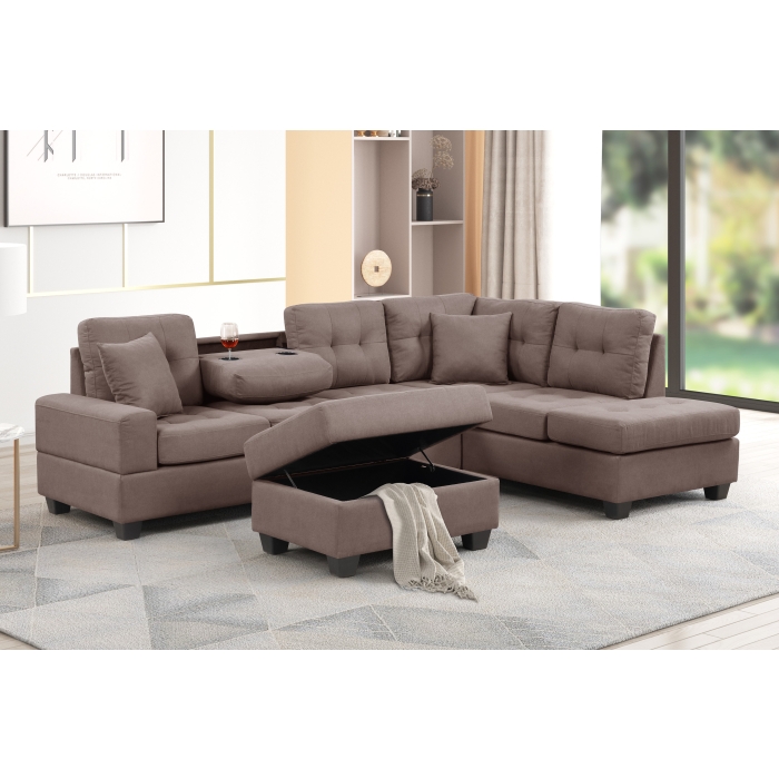 8168 DARK BROWN Fabric Reversible Sectional Sofa & Ottoman w/ Throw Pillows
