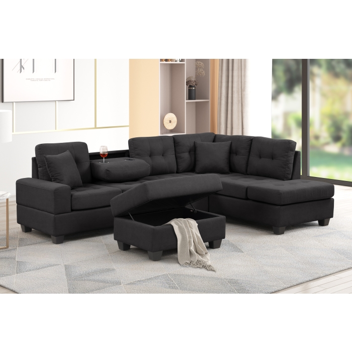 8167 BLACK Fabric Reversible Sectional Sofa & Ottoman w/ Throw Pillows