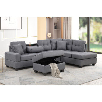 8166 DARK GRAY Fabric Reversible Sectional Sofa & Ottoman w/ Throw Pillows