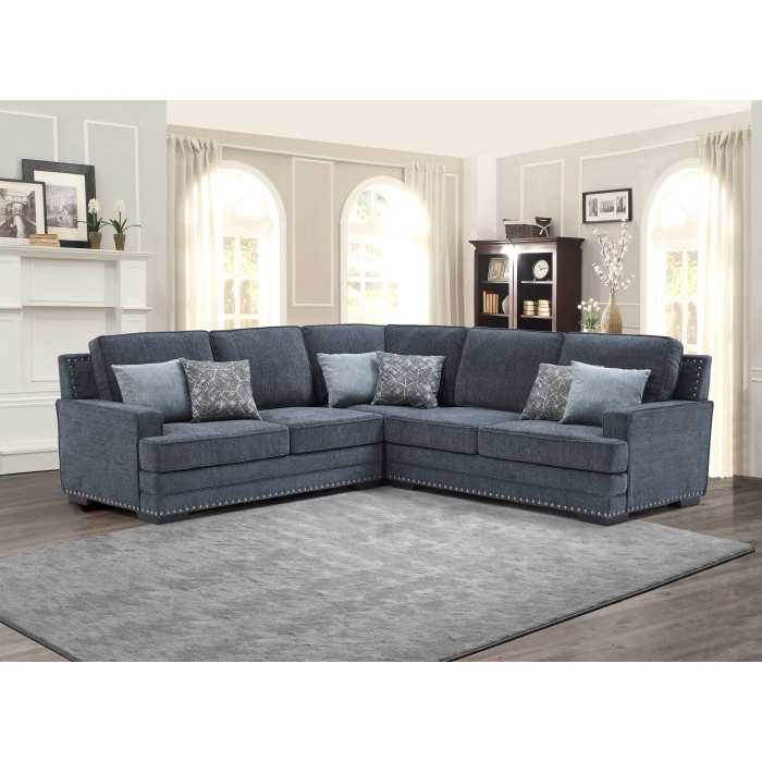 8070 DARK GRAY Fabric Stationary Sectional Sofa w/ 6 Pillows