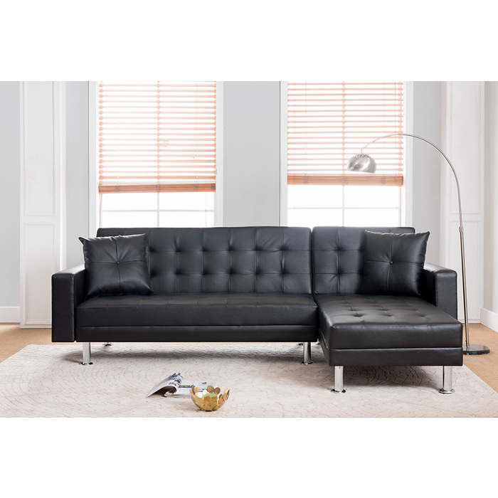 8036-BK BLACK PU Tufted Reversible Sectional Sofa Bed