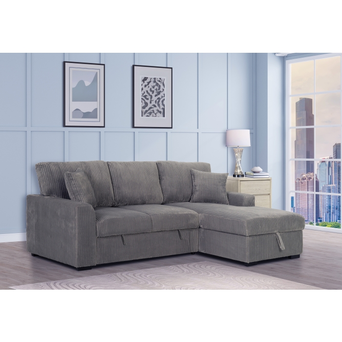 8013 LIGHT GRAY Fabric RHF Pull Out Sectional Sofa & Storage