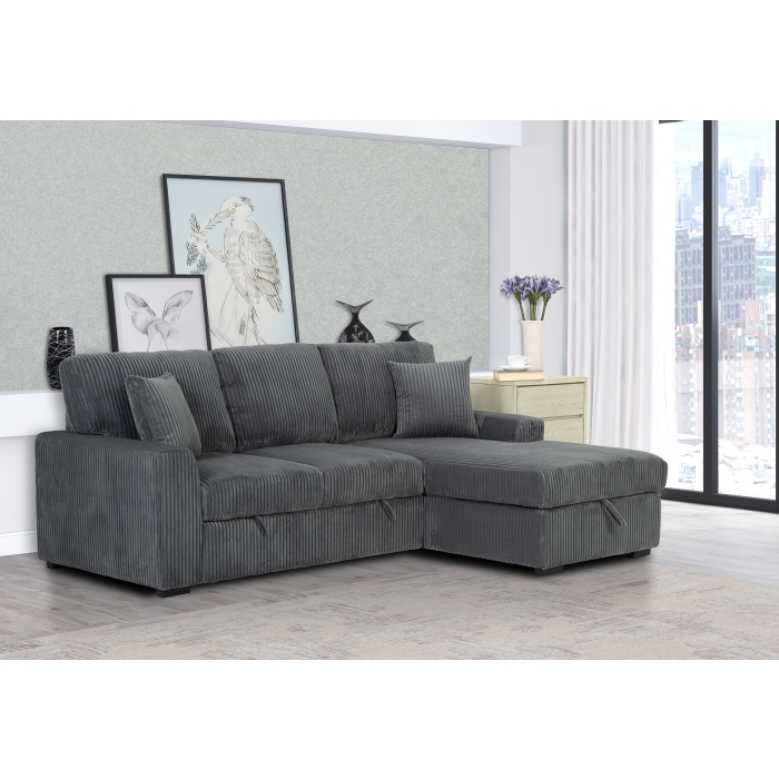 8011 DARK GRAY Fabric RHF Pull Out Sectional Sofa & Storage
