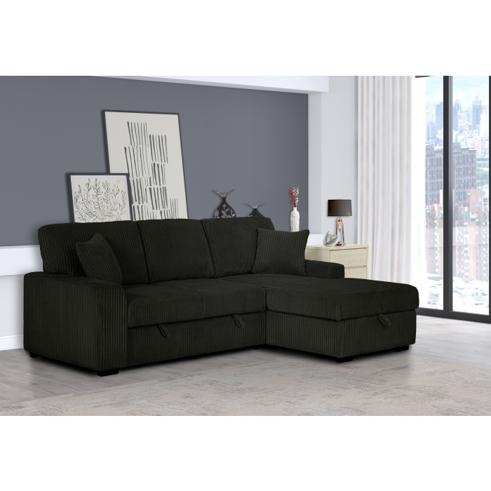 8063 BLACK Fabric RHF Pull Out Sectional Sofa & Storage