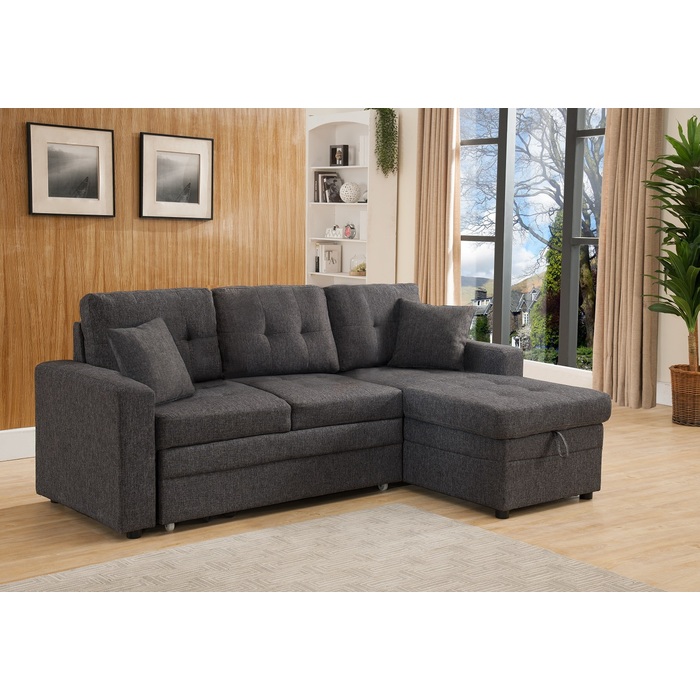 8008-GR GRAY Fabric Reversible Pull Out Sectional Sofa & Storage