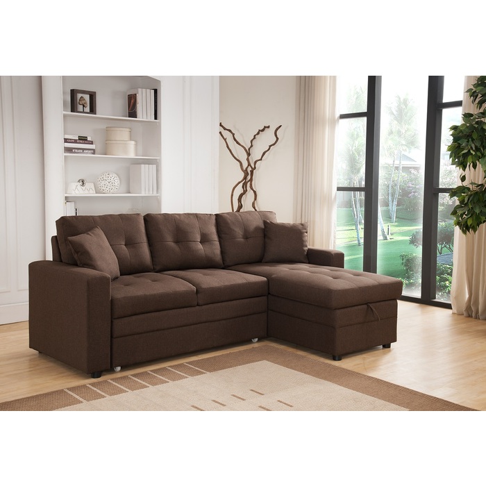 8008-BR BROWN Fabric Reversible Pull Out Sectional Sofa & Storage