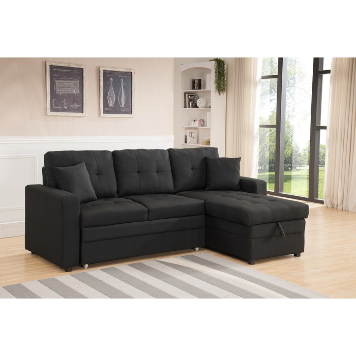 8008-BK BLACK Fabric Reversible Pull Out Sectional Sofa & Storage