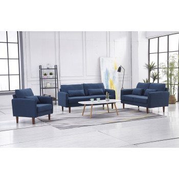 8155-3PC 3PC NAVY Linen Stationary Basic Living Room Set w/ Throw Pillows