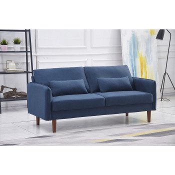 8155-SOFA NAVY Linen Stationary Basic Sofa w/ Throw Pillows