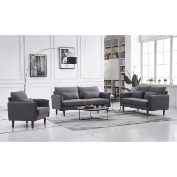8151-3PC 3PC DARK GRAY Linen Stationary Basic Living Room Set w/ Throw Pillows