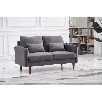 8151-LOVE DARK GRAY Linen Stationary Basic Loveseat w/ Throw Pillows
