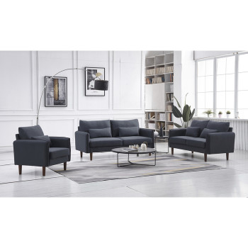 8153-3PC 3PC BLUE GRAY Linen Stationary Basic Living Room Set w/ Throw Pillows